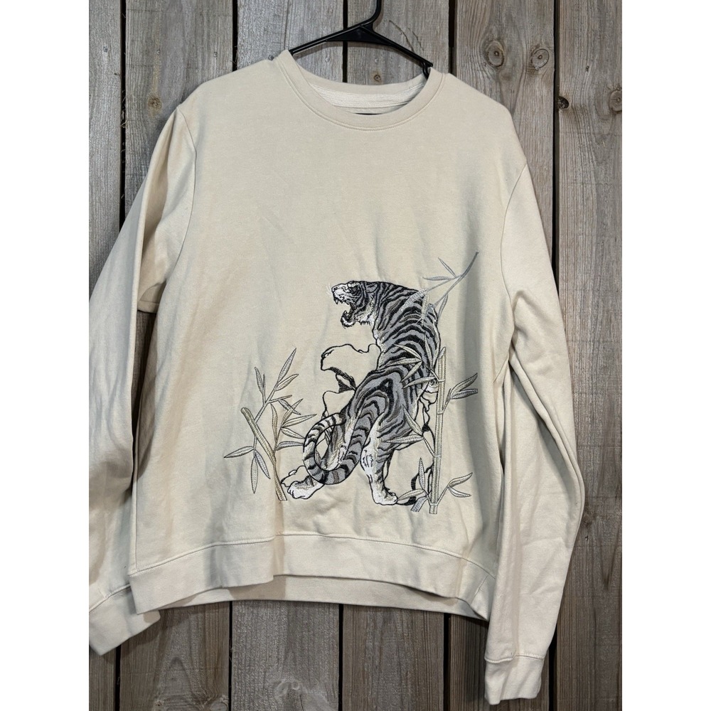 Blind Rooster Sweatshirt Men Large Khaki Embroidered Tiger Bamboo Streetware
